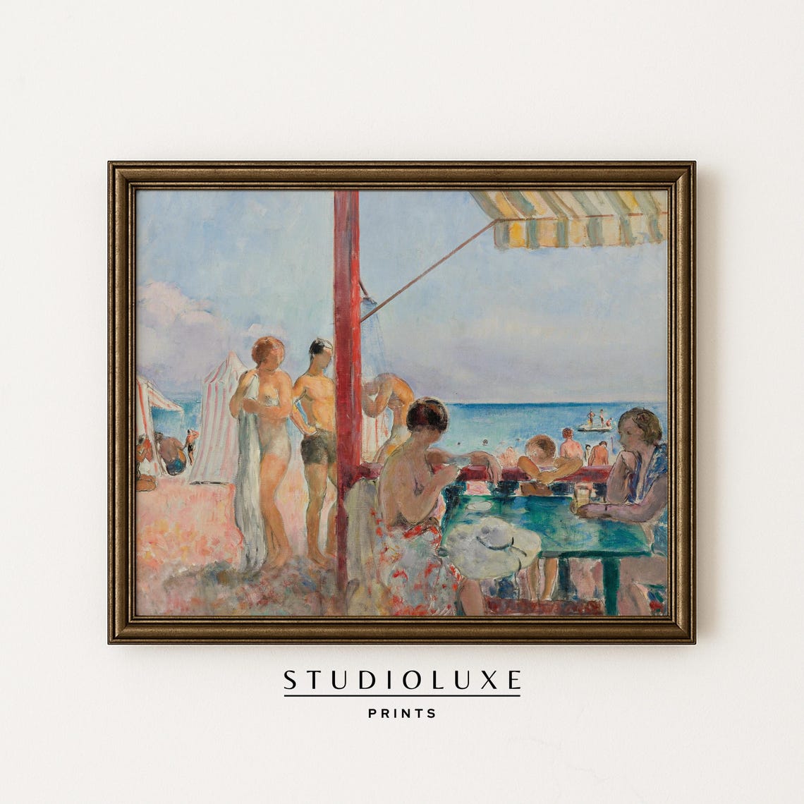 French Riviera Beach Cafe Poster Impressionist Bathers Seaside Scene