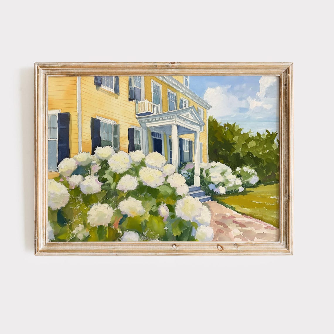Yellow Colonial House With White Hydrangea Garden Painting Print