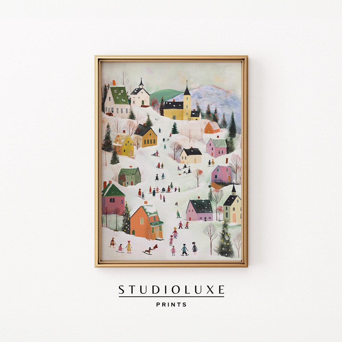 Whimsical Snowy Christmas Village Colorful Houses Folk Art Holiday Scene Poster
