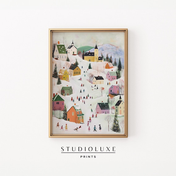 Whimsical Snowy Christmas Village Colorful Houses Folk Art Holiday Scene Poster