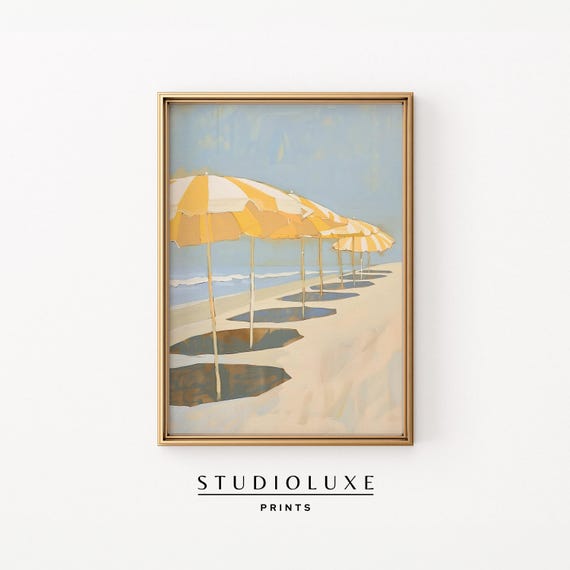 Yellow Parasols Painting, Coastal Beachy Art Print