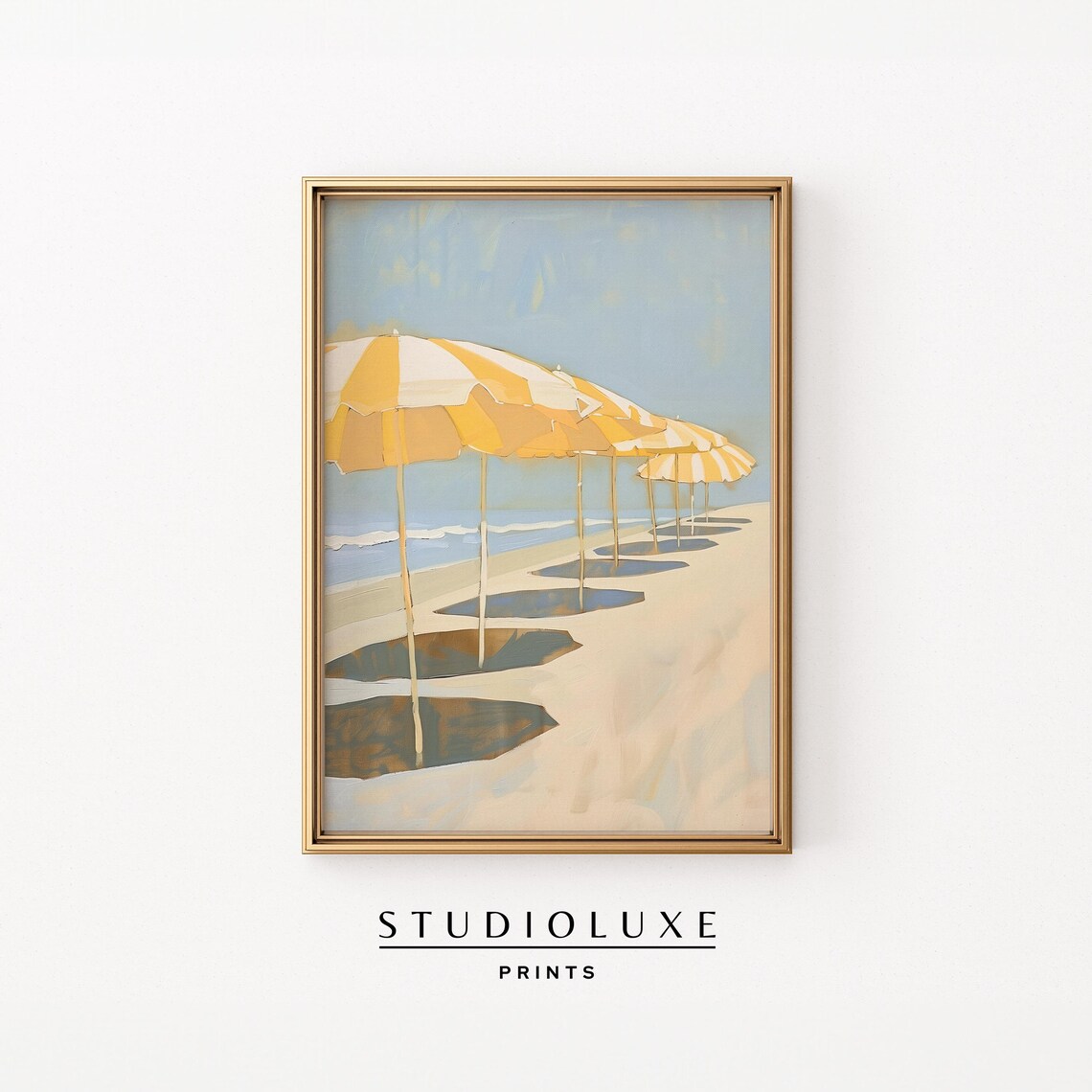 Yellow Parasols Painting, Coastal Beachy Art Print