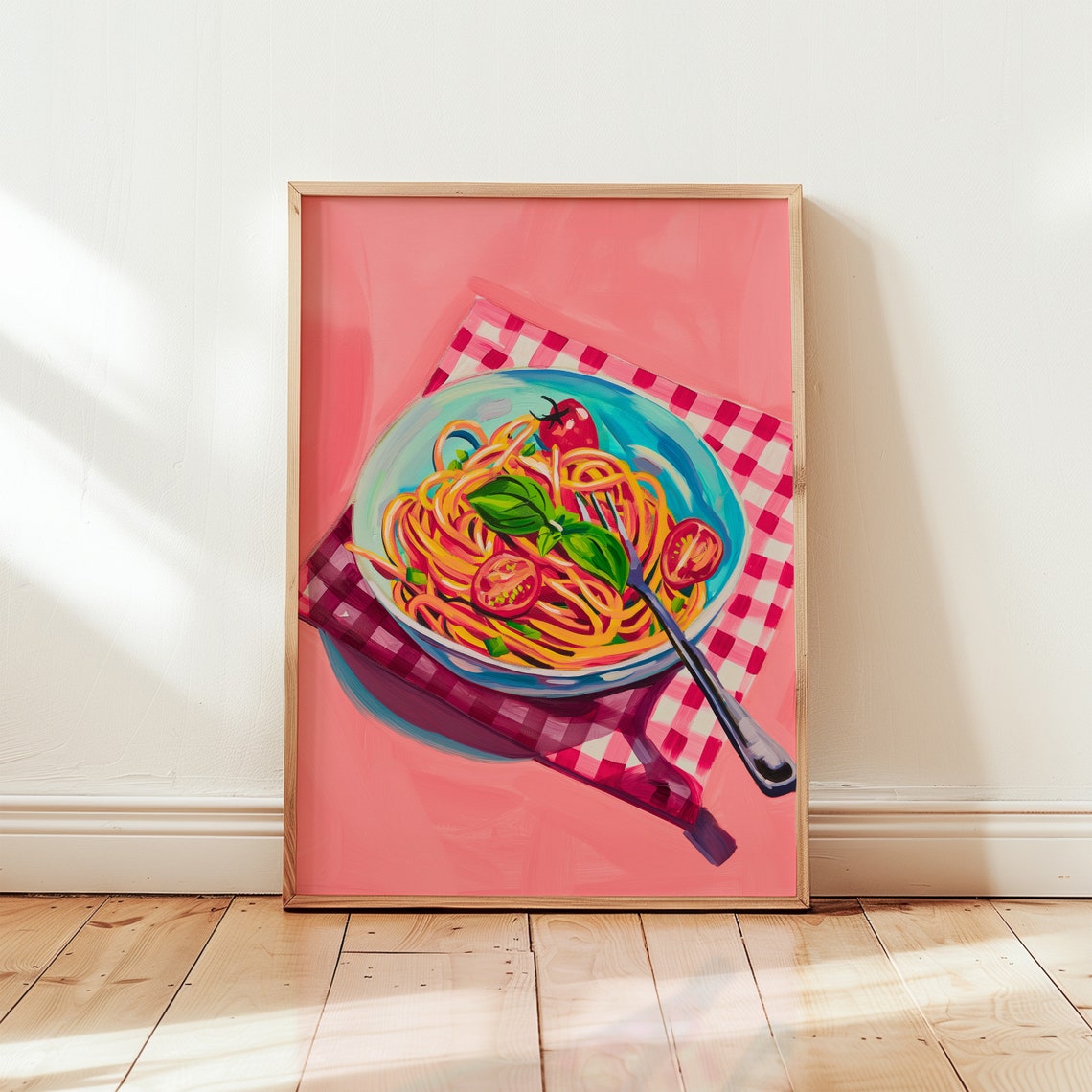 Spaghetti Pasta Bowl Painting on Pink Background Kitchen Wall Poster