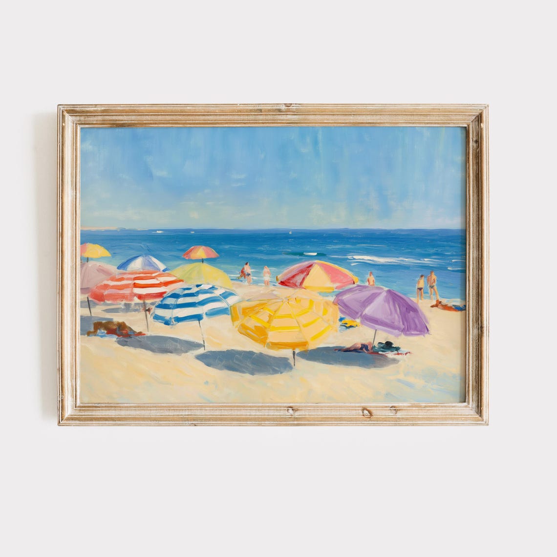 Bright Colorful Beach Umbrellas Beside Sparkling Ocean Poster