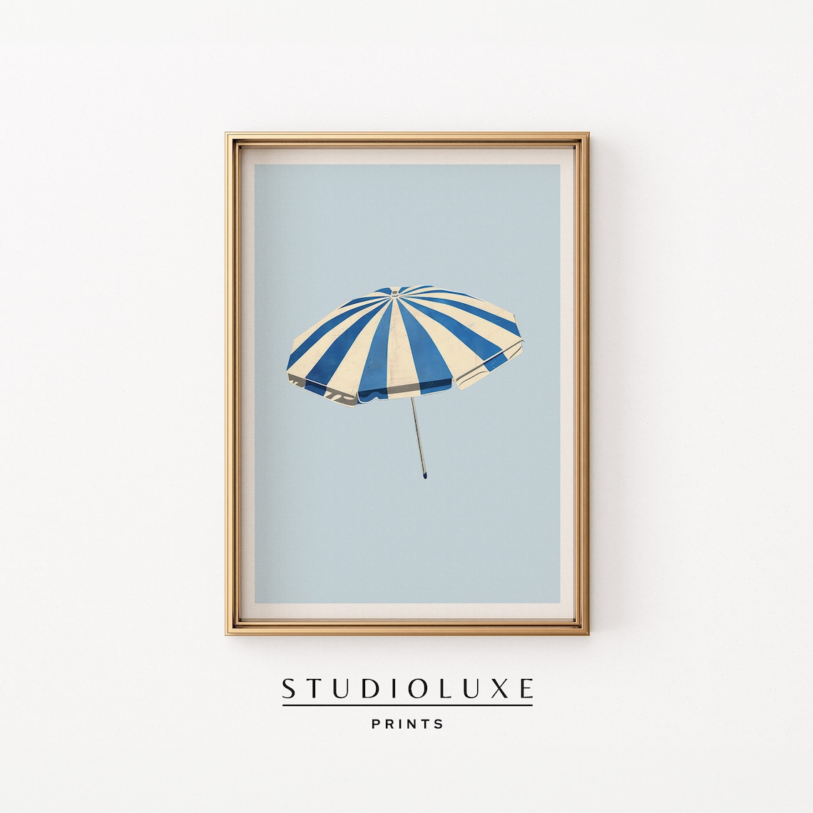 Blue Striped Beach Umbrella Minimalist Floating Coastal Art Poster