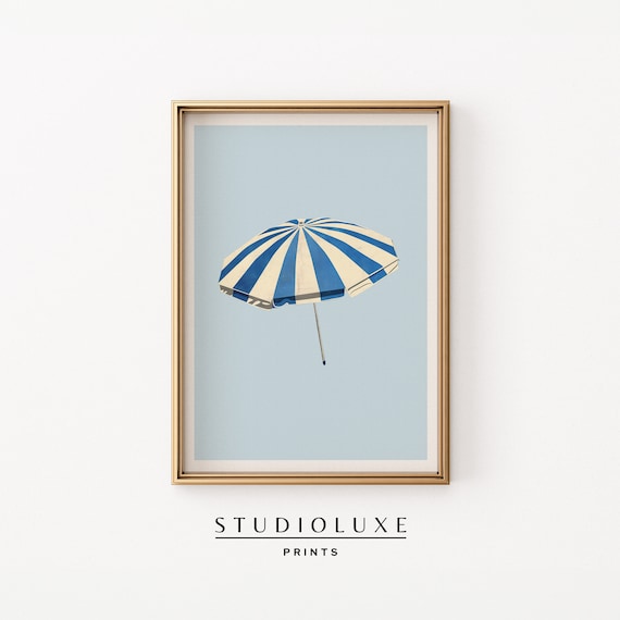 Blue Striped Beach Umbrella Minimalist Floating Coastal Art Poster