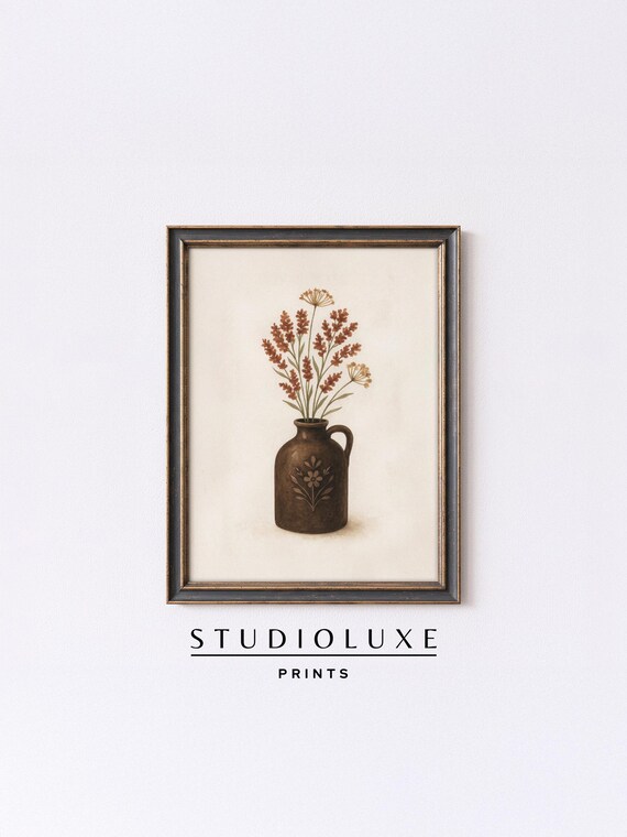 Bronze Jug with Dried Wildflowers Poster, Rustic Botanical Still Life Art