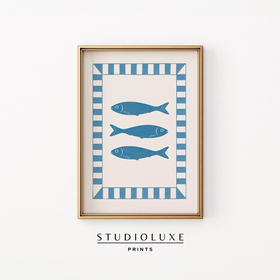 Sardine Kitchen Wall Art Blue Fish Coastal Nautical Striped Vintage Decor Maritime Living Prints