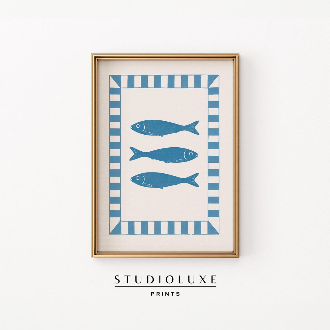 Three Blue Sardines Bold Striped Border Minimalist Coastal Fish Poster