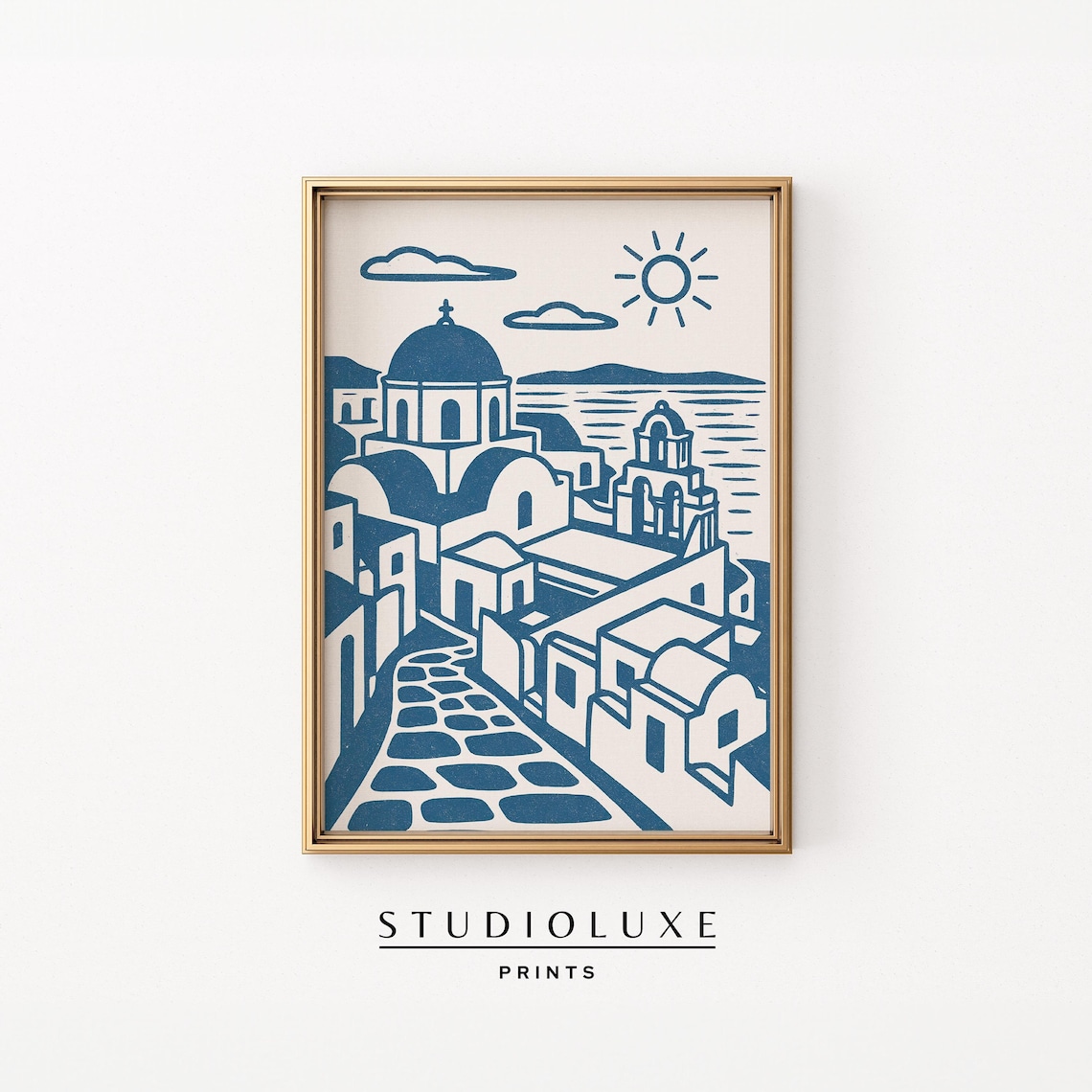 Santorini Blue Domes Greek Village Line Art Travel Souvenir Poster