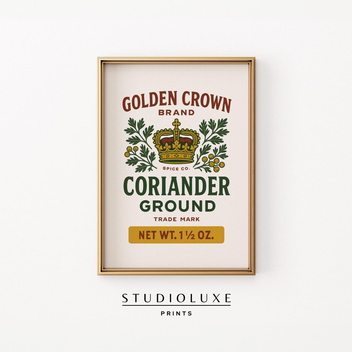 Vintage Coriander Kitchen Wall Art Golden Crown Spice Label Print Retro Pantry Decor Farmhouse Style Herb Illustration