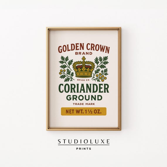 Vintage Coriander Kitchen Wall Art Golden Crown Spice Label Print Retro Pantry Decor Farmhouse Style Herb Illustration