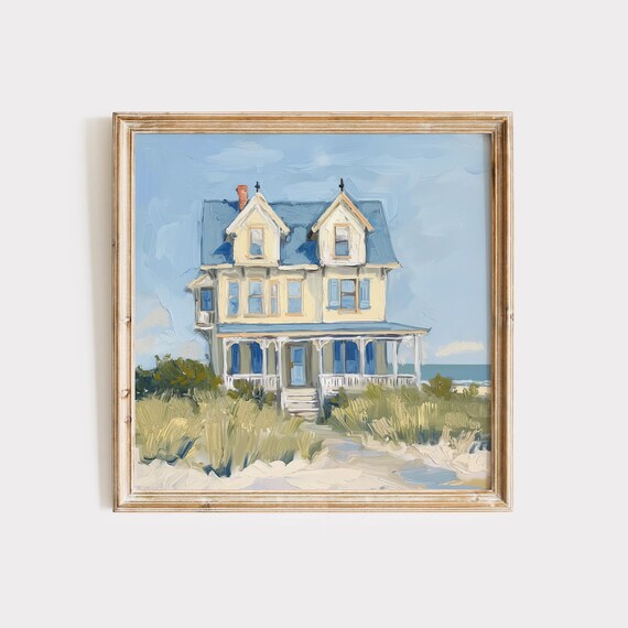 Yellow Coastal Beach House with Wraparound Porch by the Sea Poster