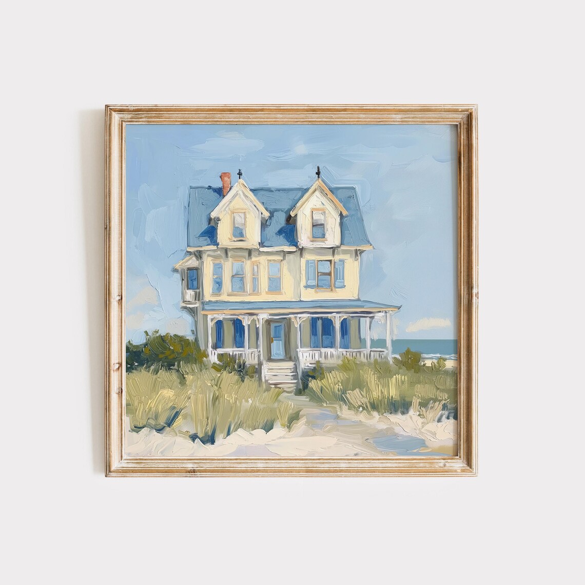 Yellow Coastal Beach House with Wraparound Porch by the Sea Poster