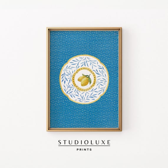 Lemon Plate Wall Art Greek Blue Pattern Print Mediterranean Kitchen Decor Vintage Fruit Poster Coastal Cottage