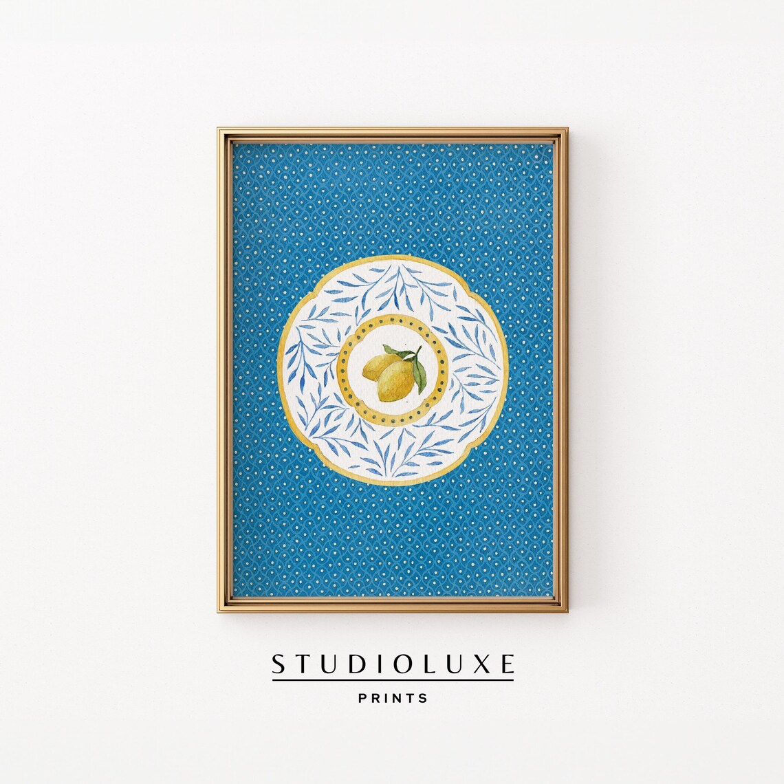 Lemon Plate Kitchen Poster Blue Pattern Mediterranean Citrus Still Life