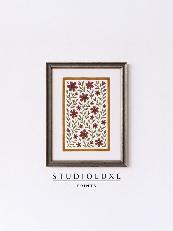 Burgundy Folk Floral Pattern Poster, Vintage Botanical Motif Design