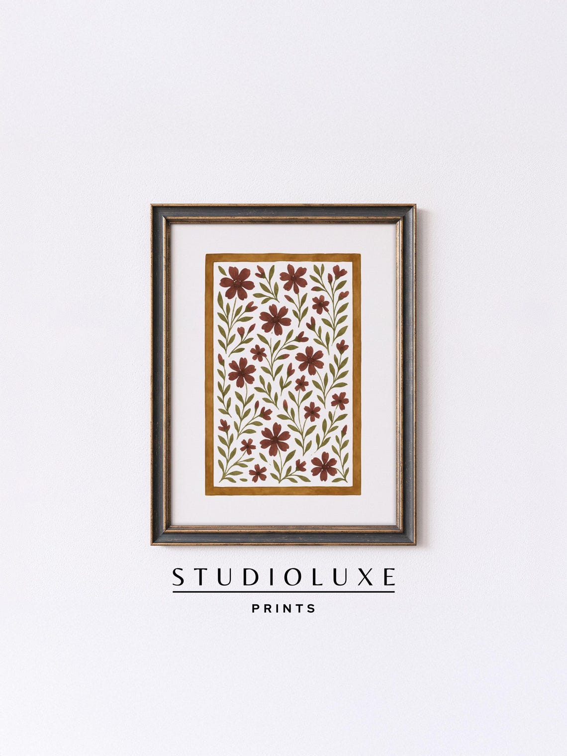 Burgundy Folk Floral Pattern Poster, Vintage Botanical Motif Design