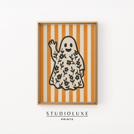 Floral Halloween Cute Happy With Flowers Orange Stripe Wall Art Fall Decor For Kids Room