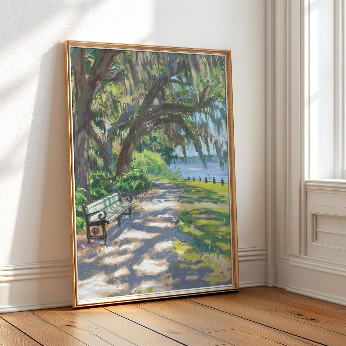 Moss Draped Oak Trees and Park Bench by the Water Landscape Poster