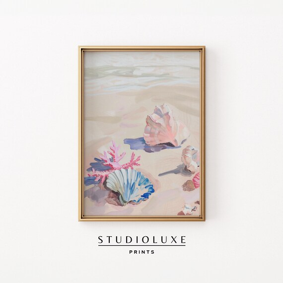 Pastel Seashells and Pink Coral on Sandy Beach Coastal Poster