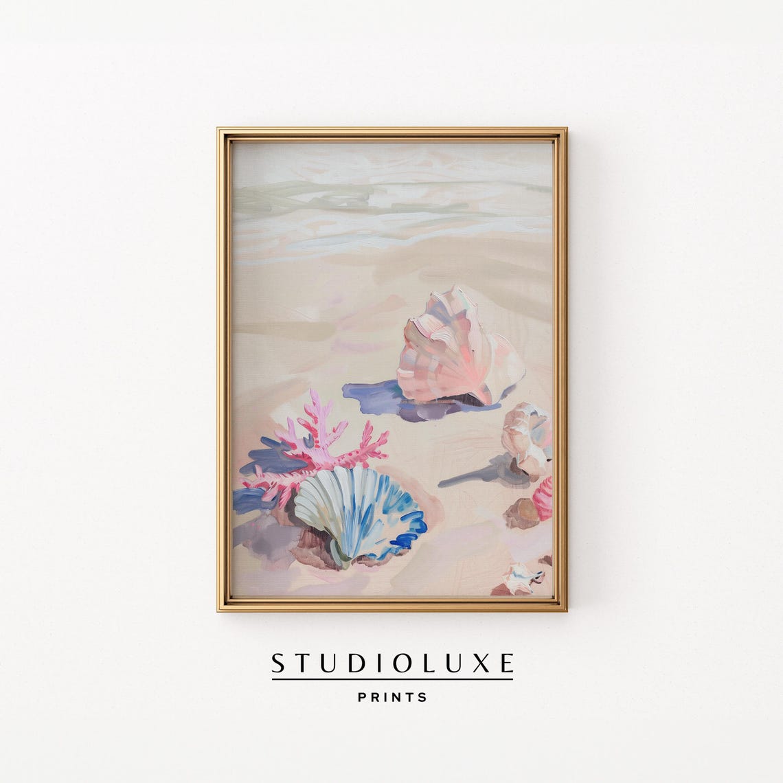 Pastel Seashells and Pink Coral on Sandy Beach Coastal Poster
