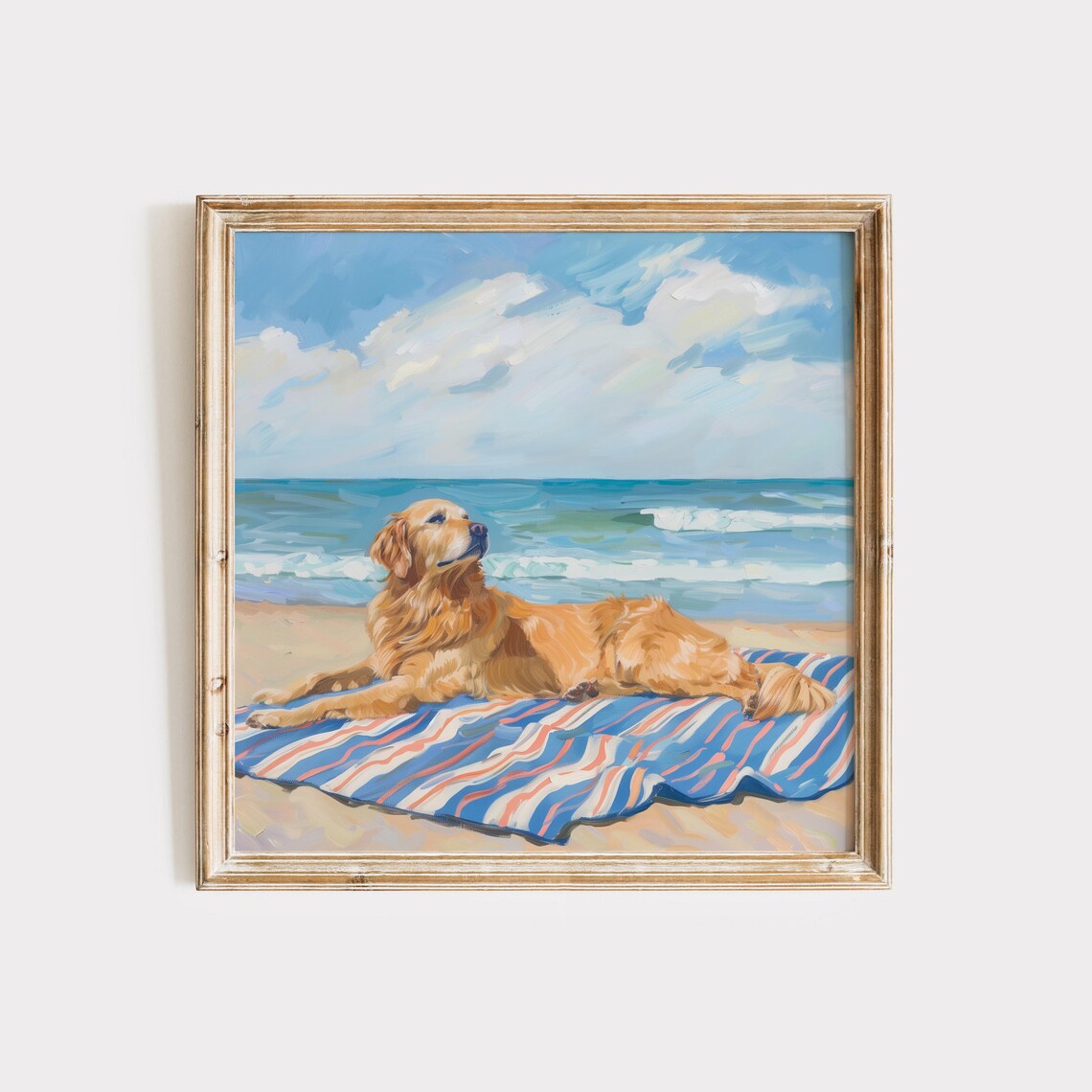 Golden Retriever Resting on a Striped Beach Blanket by the Sea Poster