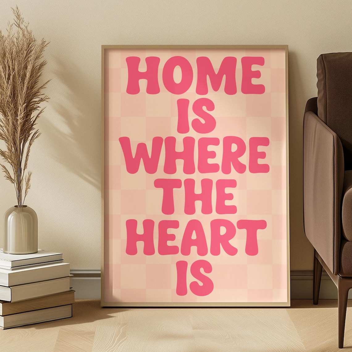 Home Is Where The Heart Is Pink Retro Checkerboard Quote Poster
