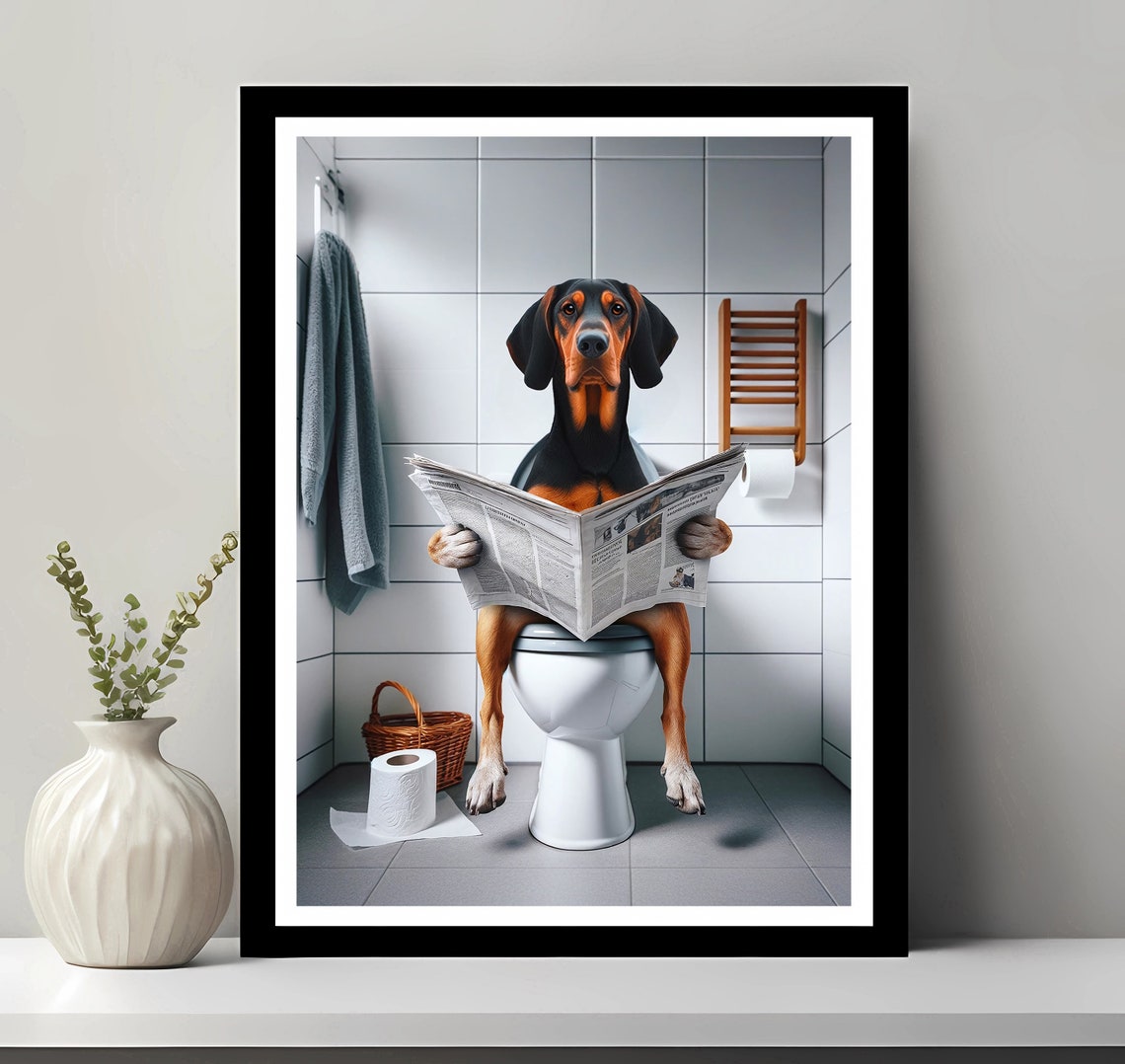 Bloodhound Dog Reading Newspaper on Toilet Funny Bathroom Poster