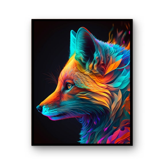 Colourful Neon Fox Wall Art Print Poster Wild Life Gift Animals Decor