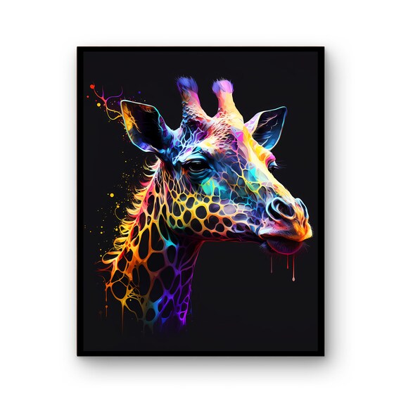 Neon Giraffe Portrait Colorful Glow Black Background Wildlife Poster