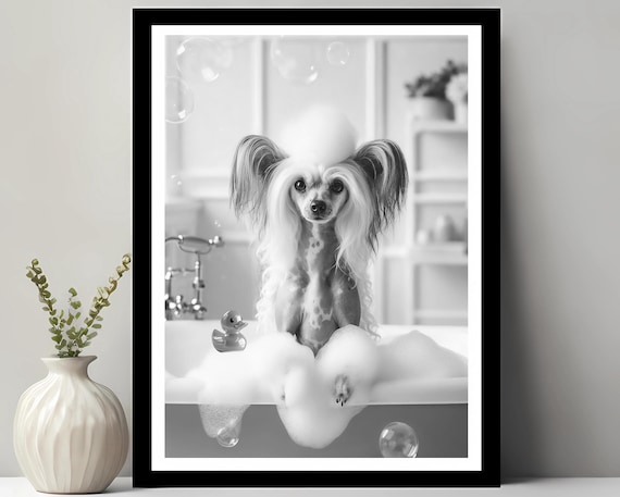 Chinese Crested Wall Art Funny Bathroom Decor Pet Portrait Dog Gift In Bubble Bath