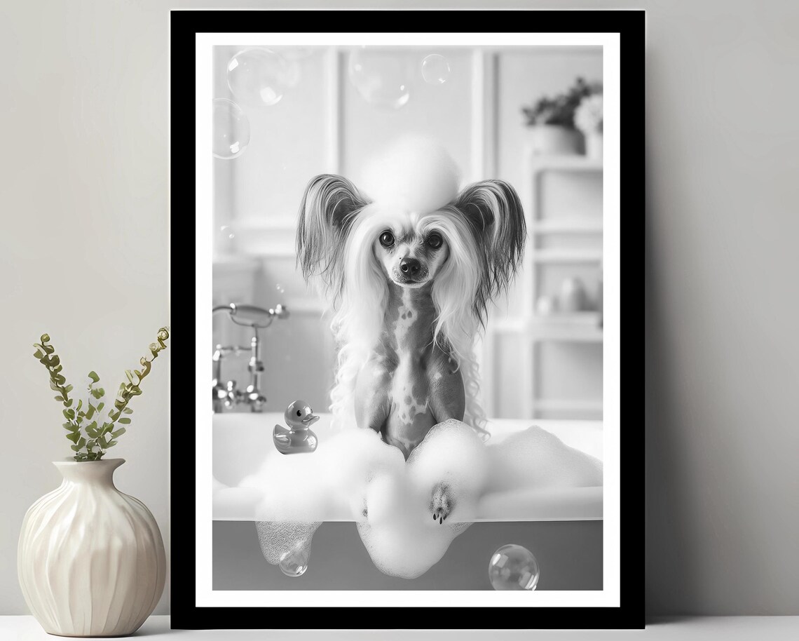Chinese Crested Wall Art Funny Bathroom Decor Pet Portrait Dog Gift In Bubble Bath