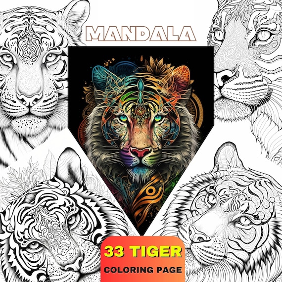 Tiger Mandala 33 Coloring Pages Intricate Animal Line Art Poster