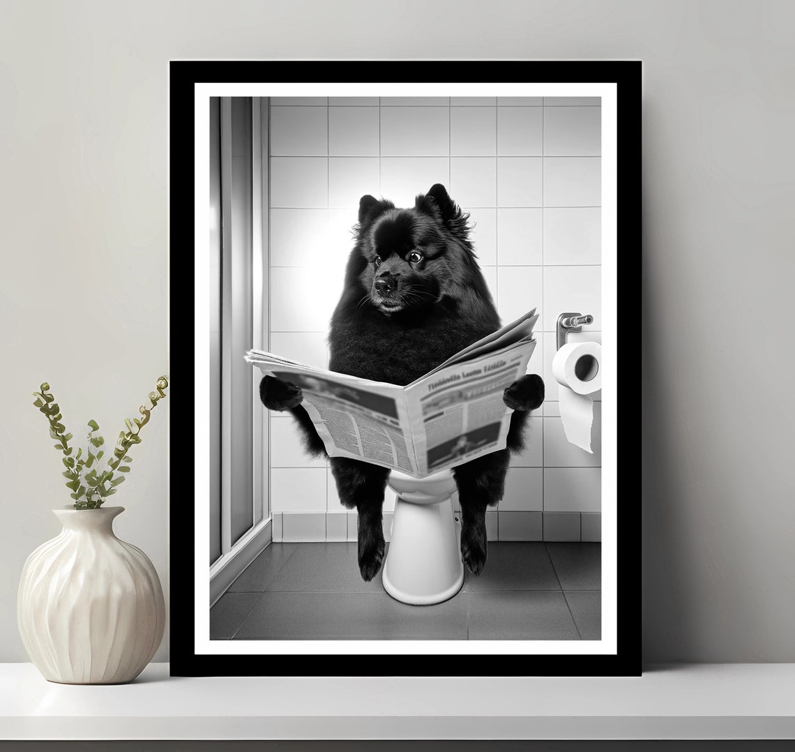 Black Pomeranian Dog Reading Newspaper Funny Bathroom Humor Poster