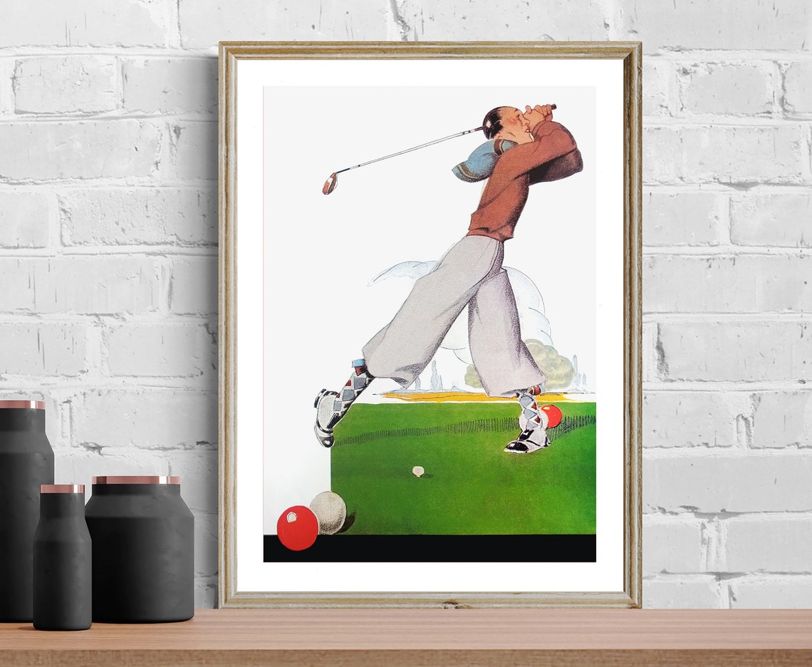 1920s Retro Golfer Mid Swing Vintage Golf Illustration Poster