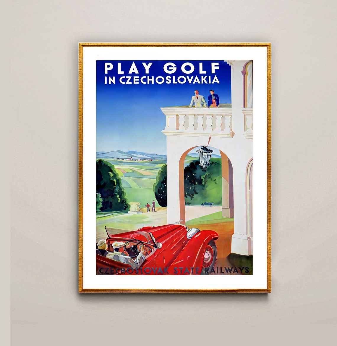 Play Golf in Czechoslovakia Red Convertible Vintage Golf Poster - Image 2