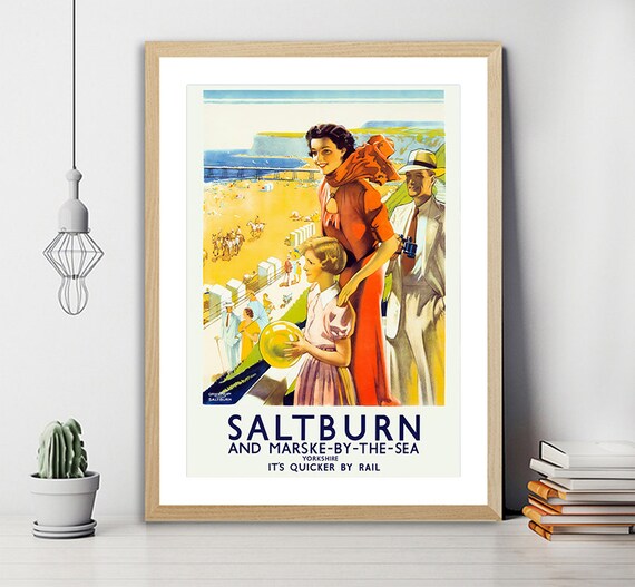 Saltburn and Marske by the Sea Yorkshire Vintage Beach Travel Poster