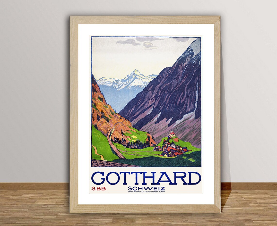 Gotthard Schweiz SBB Swiss Railway Alpine Village Travel Poster - Image 2