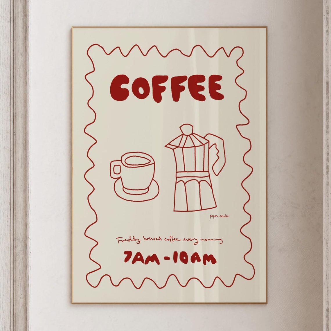 Coffee Moka Pot Sketch Red Line Art Cafe Hours Typography Poster