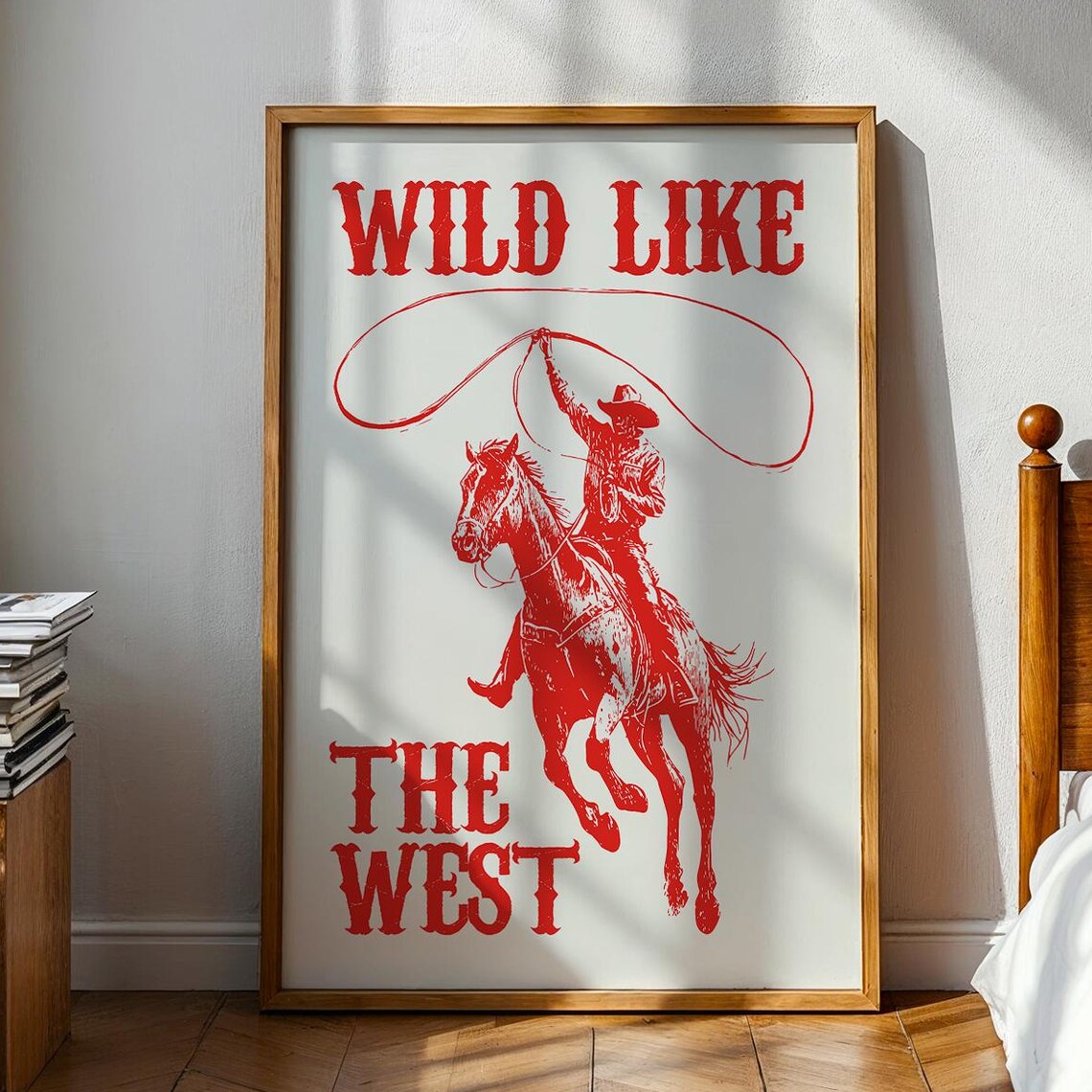 Wild Like the West Cowboy Roping Horse Red Vintage Artwork Print