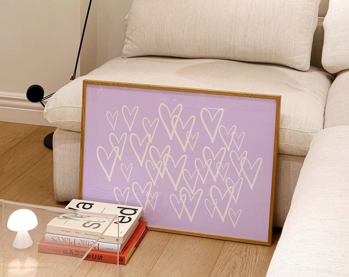 Lilac Purple White Hand Drawn Hearts Cute Preppy Dorm Room Wall Art