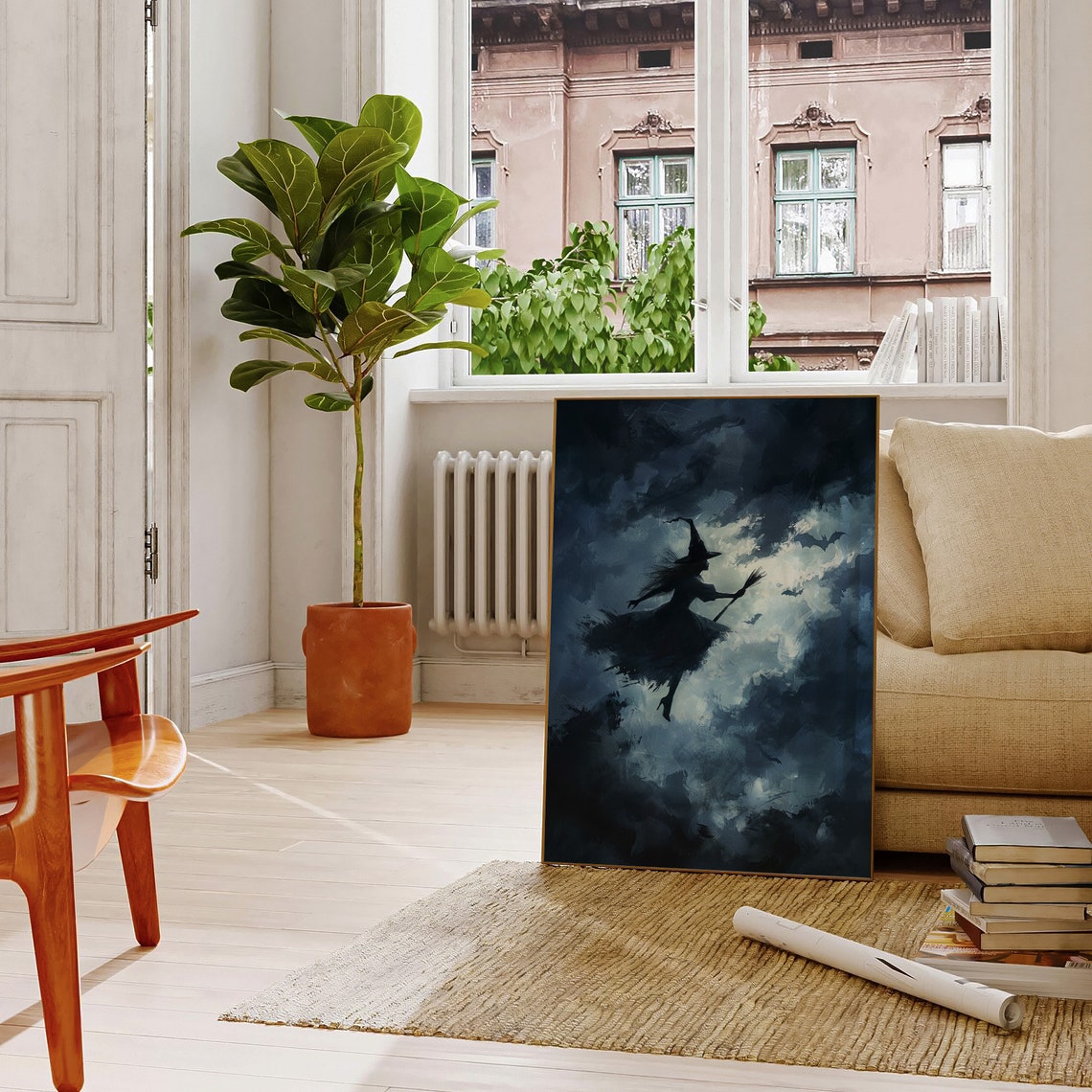 Witch Flying Broom Stormy Clouds Bats Halloween Night Art Poster - Image 4