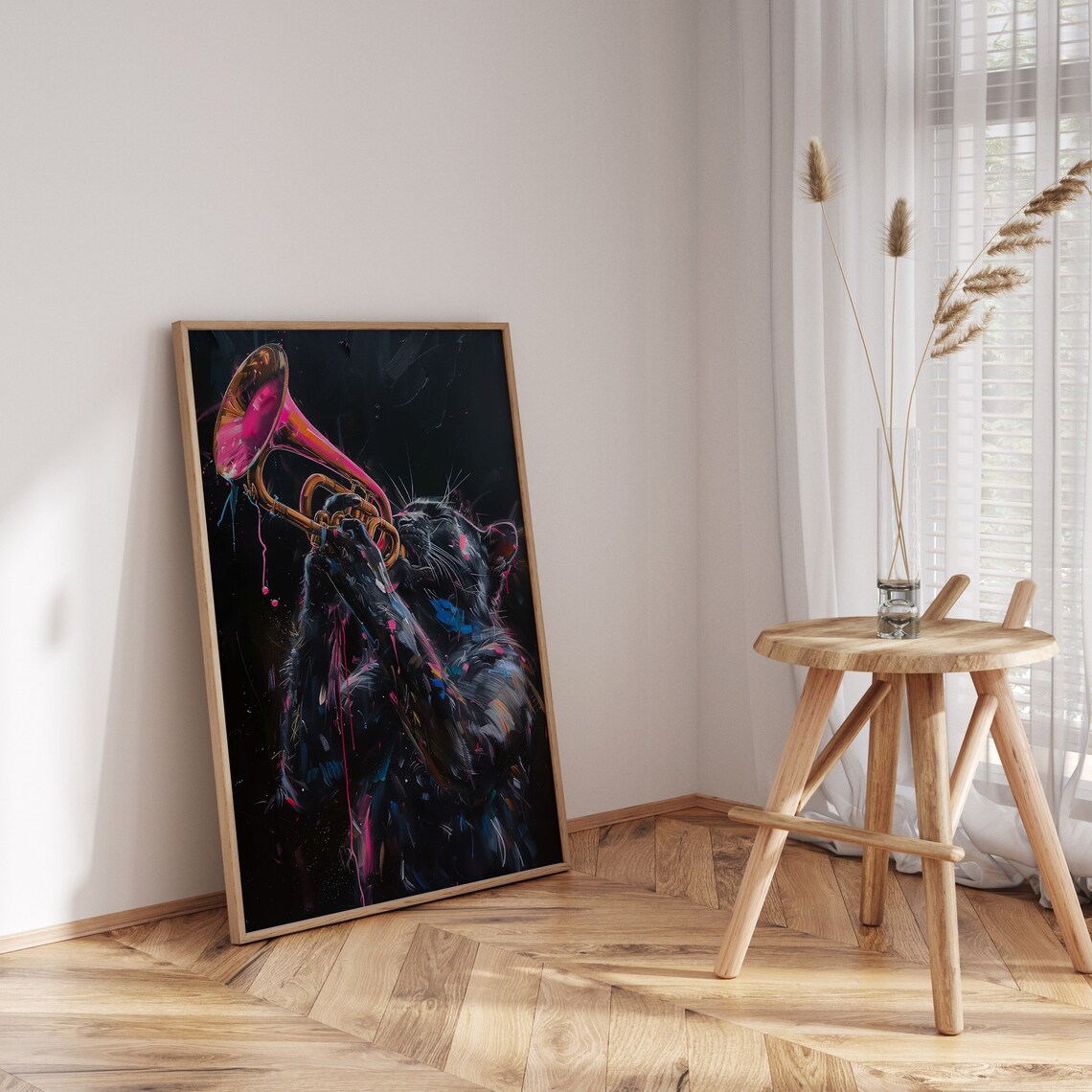 Black Panther Playing Pink Trumpet Neon Splash Jazz Music Animal Poster - Image 3