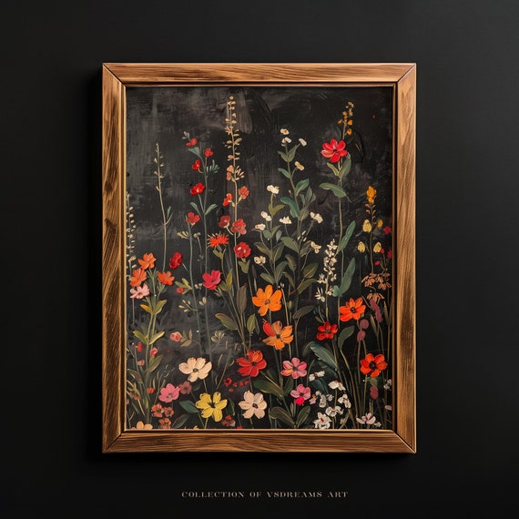 Vintage Moody Dark Flower Print Dark Academia Botanical Wall Art Floral Still Life Wildflower Oil Painting Cottagecore Art Print