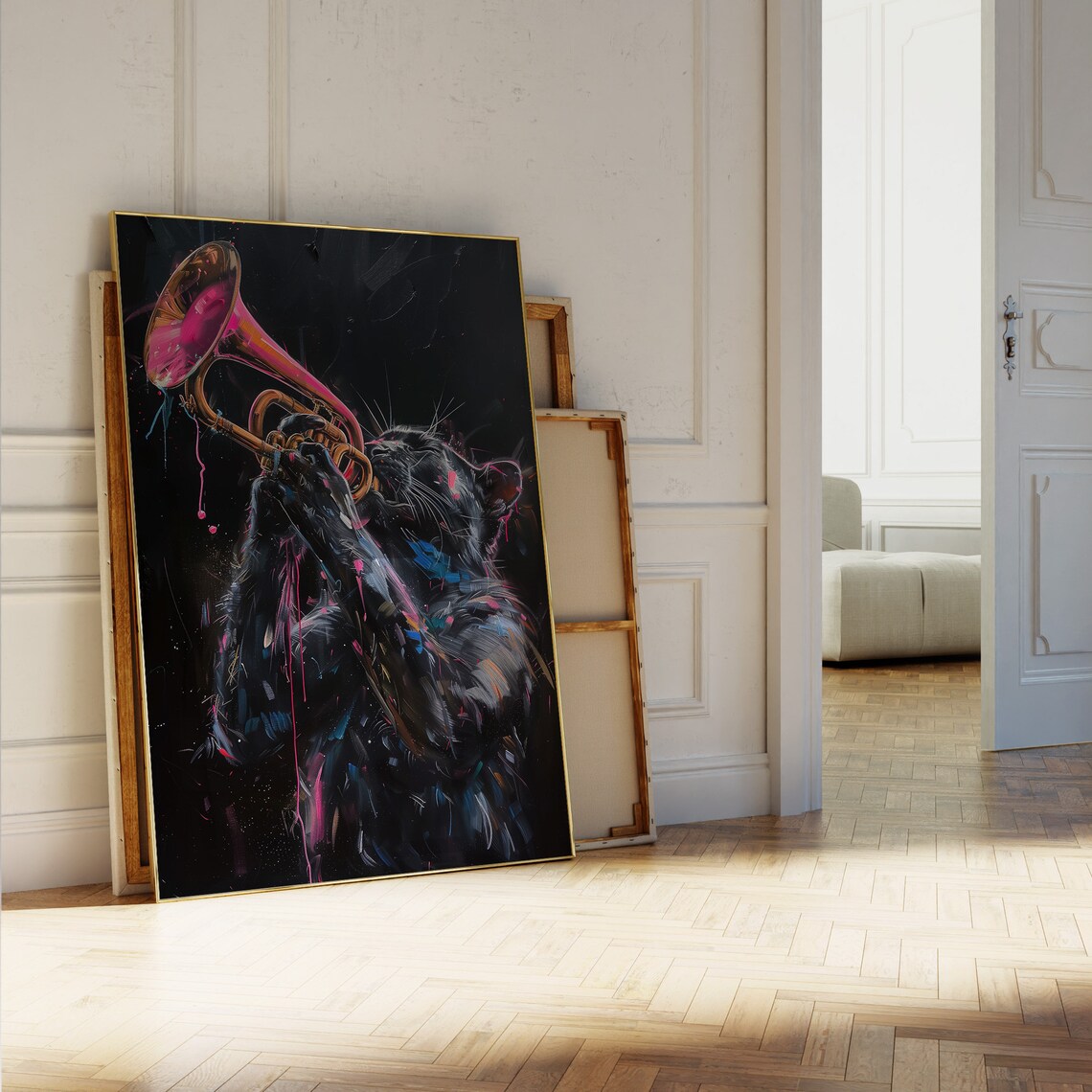Black Panther Playing Pink Trumpet Neon Splash Jazz Music Animal Poster - Image 5