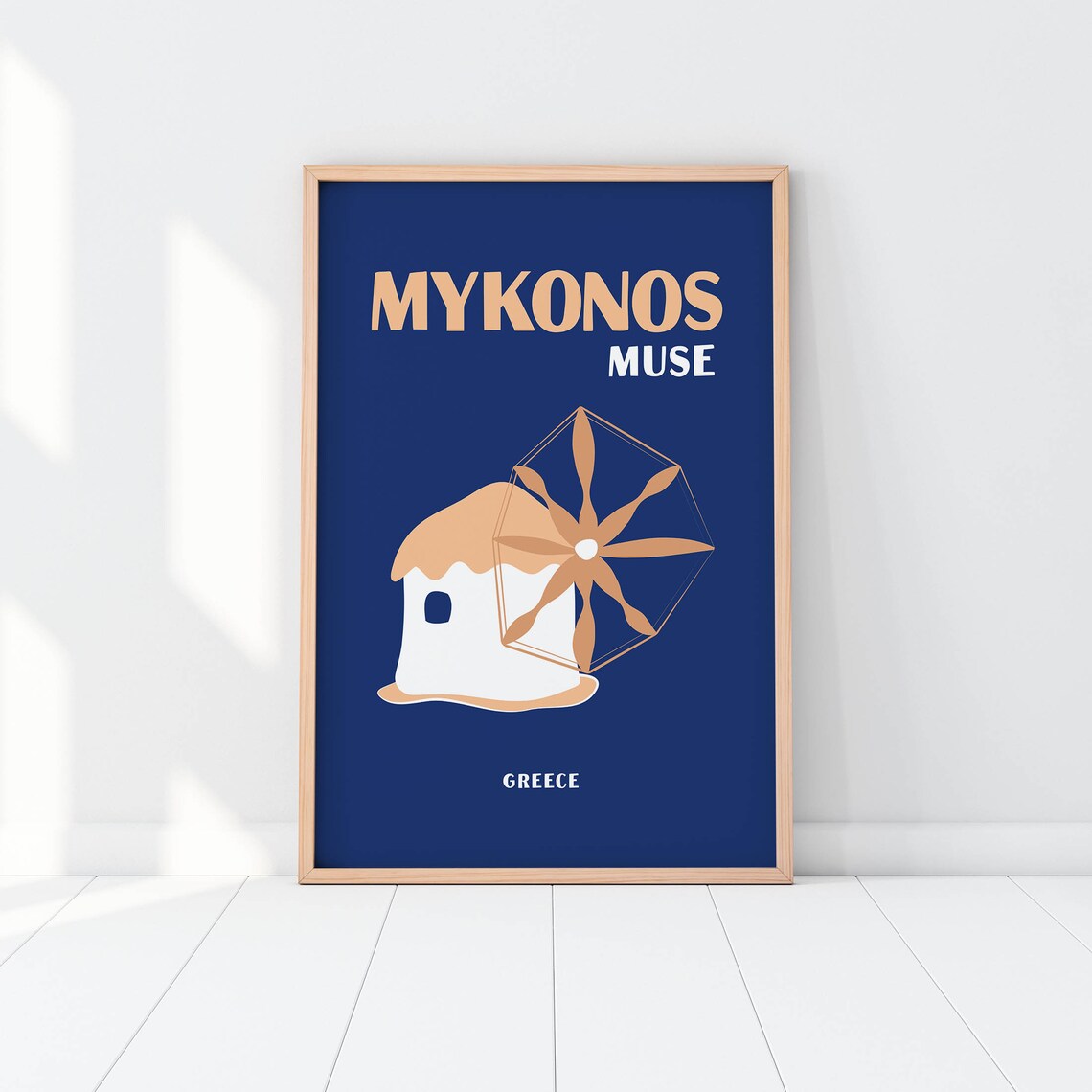 Mykonos Muse Greece White Windmill Navy Blue Travel Art Poster - Image 3