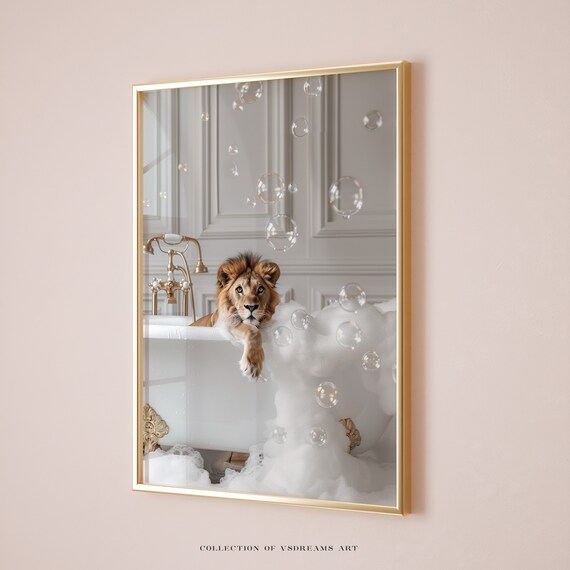 Lion Lounging in a Foamy Bubble Bath Colorful Bathroom Poster