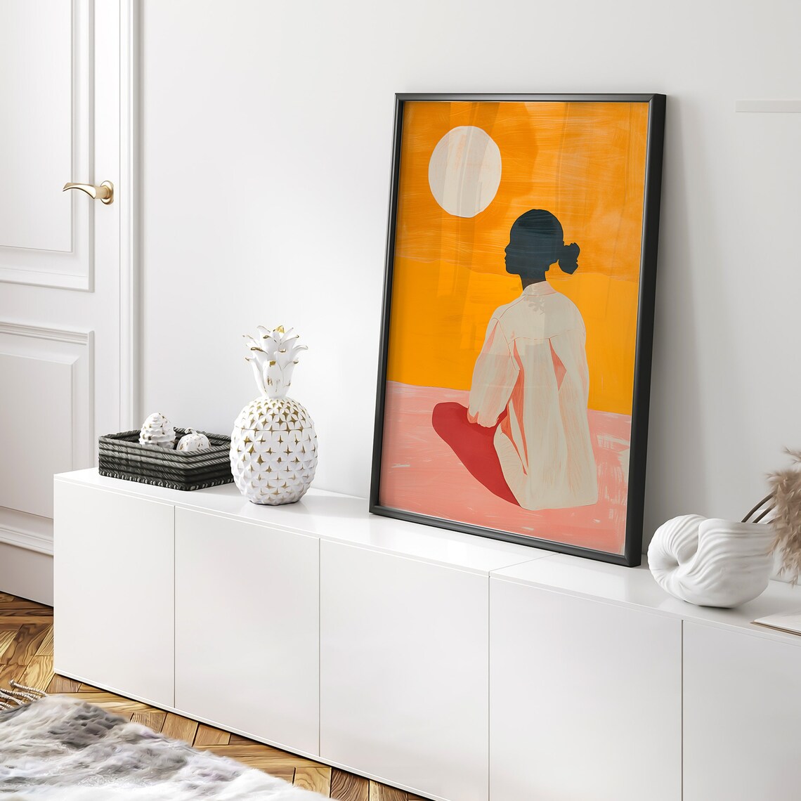 Woman Watching Pale Sun Orange Sky Minimalist Surreal Poster - Image 3