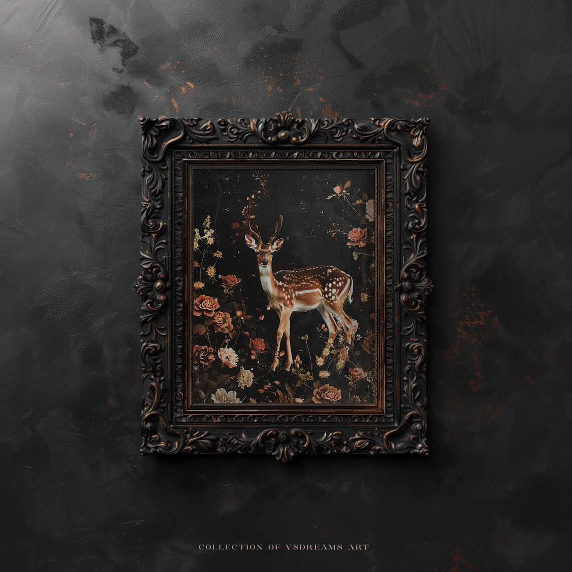 Fawn Deer Standing Dark Moody Floral Botanical Gothic Painting Poster - Image 5